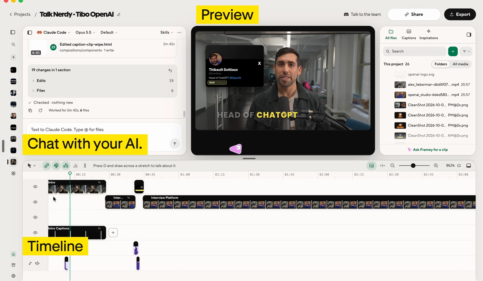 HyperFrames Studio editor with preview, timeline and chat