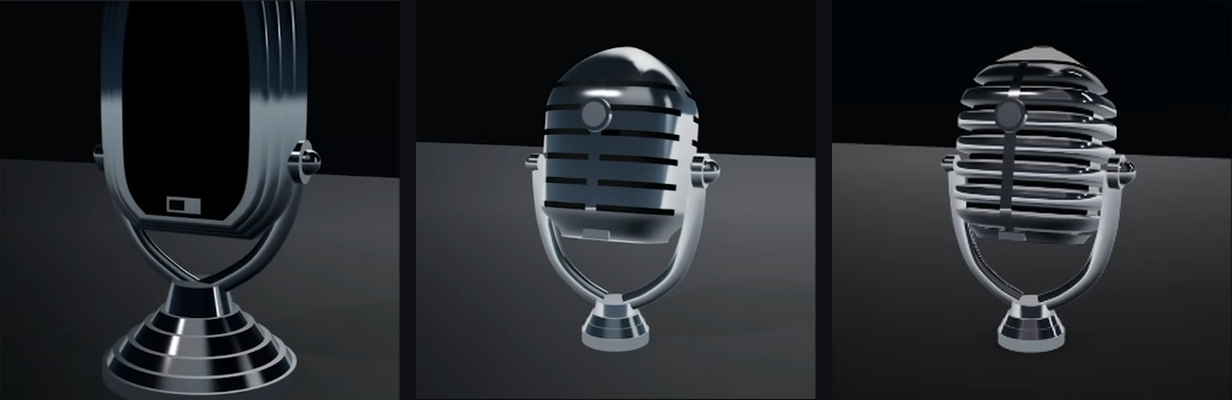 Three rounds of a 3D microphone built in Three.js: a crude first version, a passable second version, and a later version with far more detail in the grille and stand.